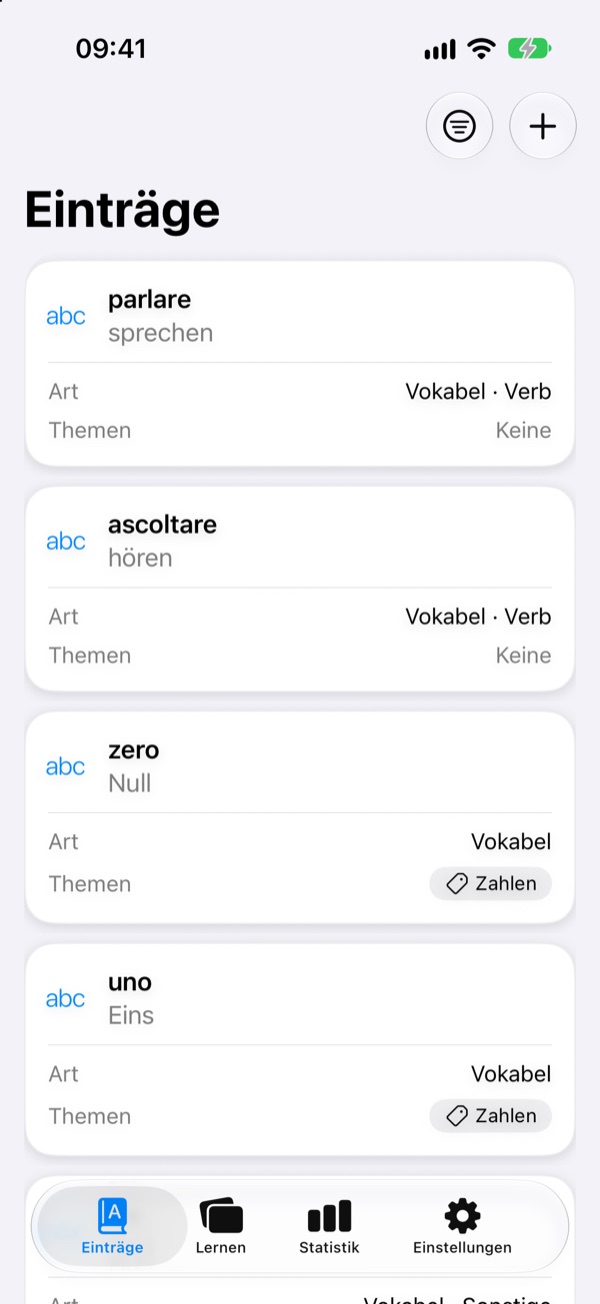 Liste der Einträge mit Vokabeln wie parlare – sprechen