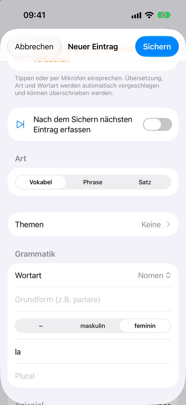 Formular für einen neuen Eintrag mit erkannter Wortart Nomen, Genus feminin und Artikel la