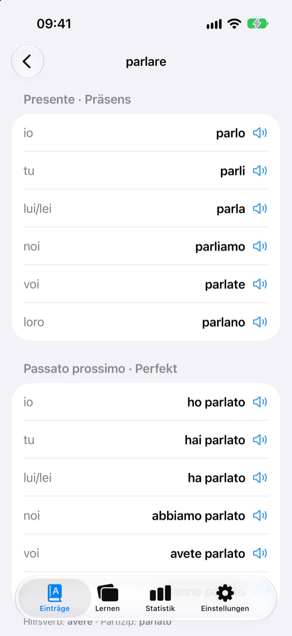 Konjugation von parlare im Presente und Passato prossimo