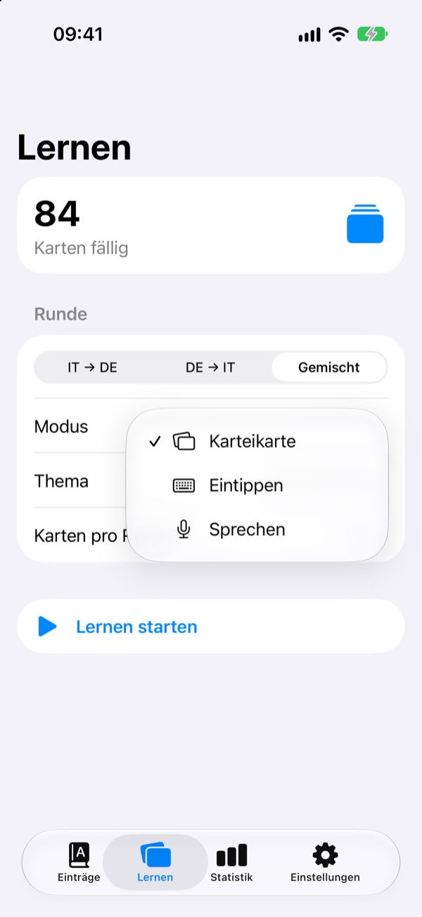 Lernen-Ansicht mit fälligen Karten, Richtung und Auswahl Karteikarte, Eintippen, Sprechen